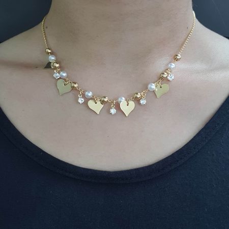 Colar Folheado a Ouro 18K Pérolas e Coração - Chérie Bijoux