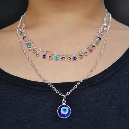 Colar Duplo Folheado a Prata Olho Grego Colorido - Chérie Bijoux