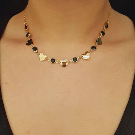 Colar Folheado a Ouro 18K Coração Preto - Chérie Bijoux