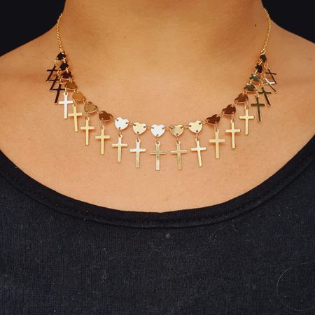 Colar Folheado a Ouro 18K Coração e Cruz - Chérie Bijoux