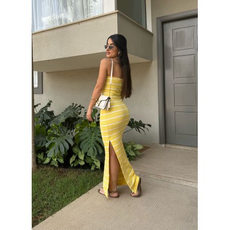 VESTIDO MIDI CANELADO TOMARA QUE CAIA LISTRADO AMARELO