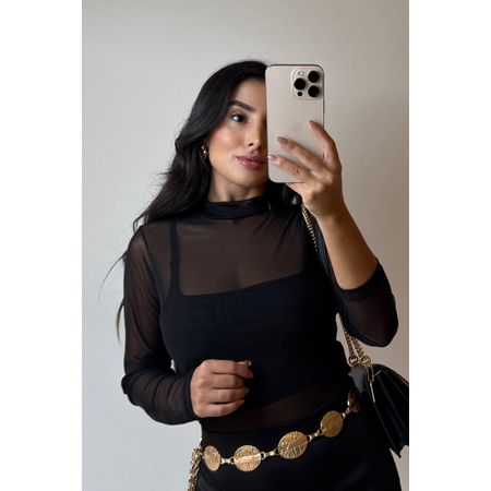 BODY MANGA LONGA TULE PRETA