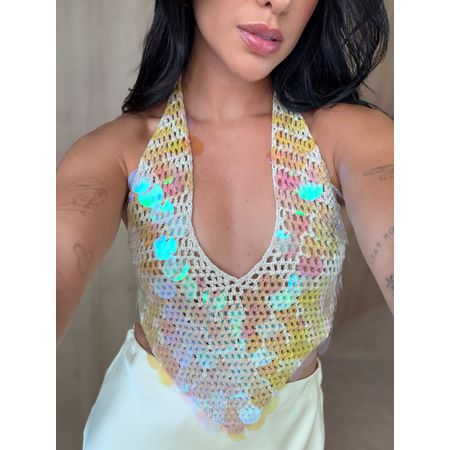 TOP NUDE DE CROCHÊ COM APLICAÇÃO