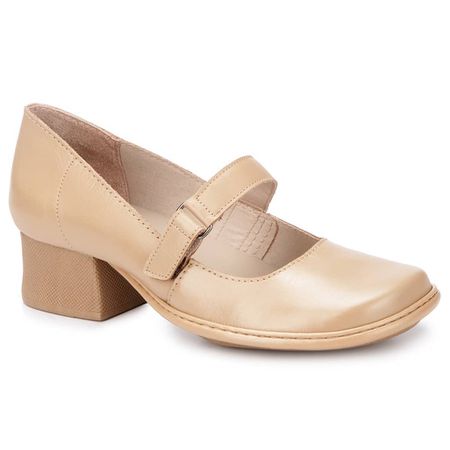 Sapato Boneca Salto Grosso Em Couro Bege Dual Comf... - J.Gean