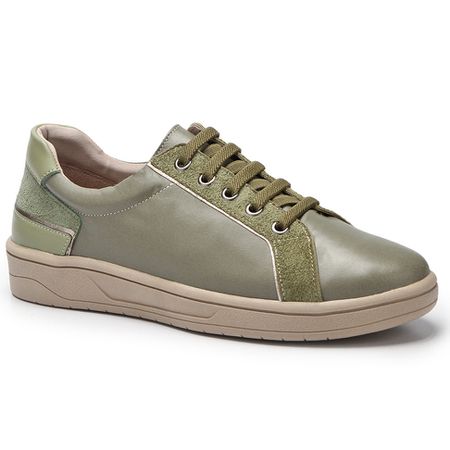 Tênis MADRID Feminino em Couro Legítimo Cor Olive ... - J.Gean