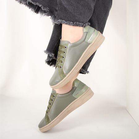 Tênis MADRID Feminino em Couro Legítimo Cor Olive ... - J.Gean