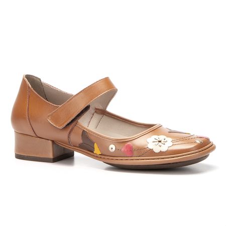 Sapato Boneca Salto Baixo Em Couro Mel Dual Comfor... - J.Gean