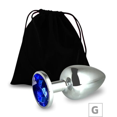 Plug de Metal G Cromado Com Strass 8cm SI (5847) - Pedra Azul