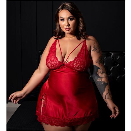 Camisola em Cetim e Renda Plus Size (GV681) - Vermelho