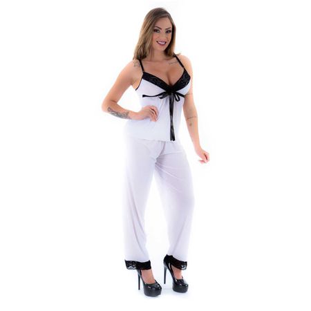 *Pijama Melissa Calça (PS8444) - Branco C/ Preto