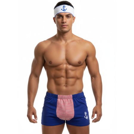 Kit Cueca Listrada Com Quepe de Marinheiro (17967) - Azul C/ Vermelho