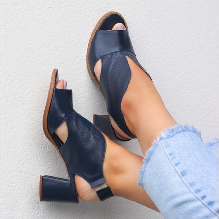 Sandália Salto Grosso Médio Peep Toe Azul Marinho ... - Bubblê