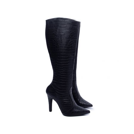 Bota Bico Fino Feminina Napa Croco Preto - Bárbara Barros | Conforto & Elegância -