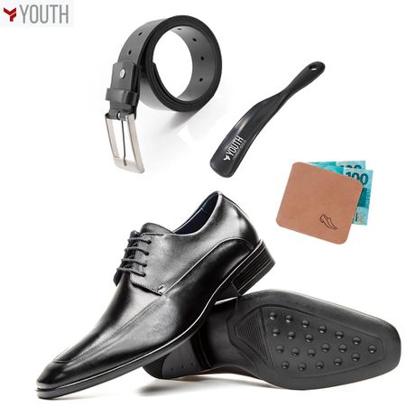 Kit Masculino Derby + Cinto Couro Preto + Porta Cé...