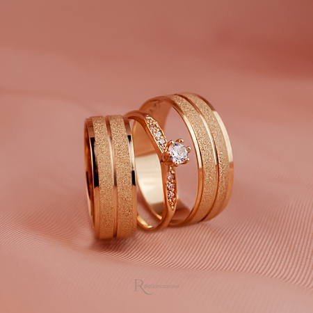 Alianças de Ouro 18k 6mm 7g Athenas e Anel de Noivado Saron - Rosê Jewelry