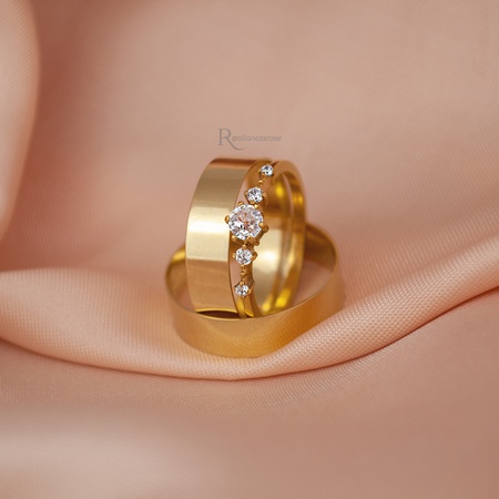 Aliança de Ouro 18k 5mm 5g Bahamas e Solitário Elanor - Rosê Jewelry