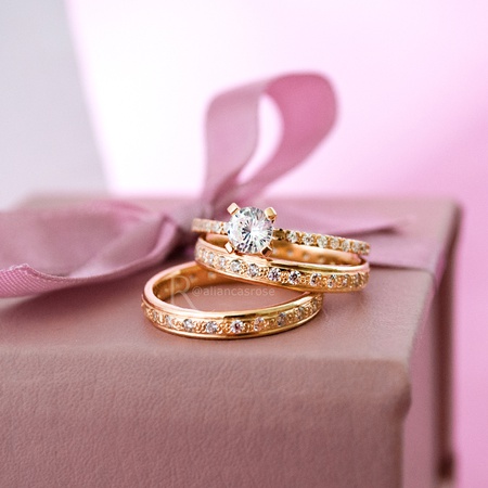 Aliança de Ouro 18k 3mm 6 gramas Barcelona e Anel de noivado Diana - Rosê Jewelry