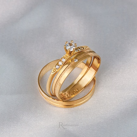 Alianças de Ouro 18k 3mm 3g Canastra e Anel de Noivado Saron - Rosê Jewelry