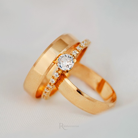 Aliança de Ouro 18K 4mm 4g Lucy e Anel de Noivado Mi Amour - Rosê Jewelry
