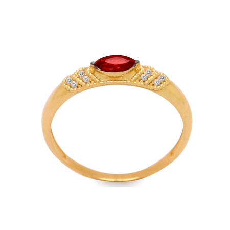 Anel de Formatura em Ouro 18K - Pedra Vermelha e Zircônias Laterais