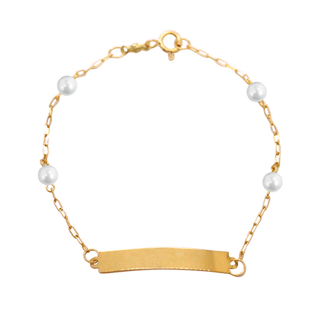 Pulseira Cartier Infantil em Ouro 18K Pérolas e Placa Lisa - 15cm