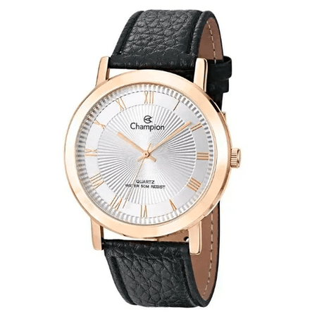 Relógio Champion Preto e Rose - Pulseira de Couro Analógico Feminino Elegance