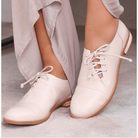 Sapato Feminino Oxford Couro Confortável Off White... - Bubblê
