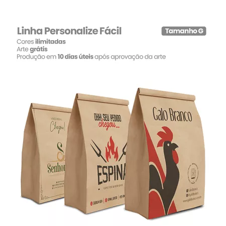 SACO KRAFT PERSONALIZADO TAMANHO G - 50 UNIDADES - CaixaMix Embalagens