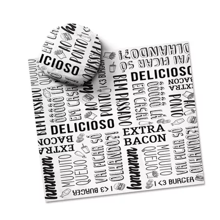 PAPEL BARREIRA GORDURA PREMIUM PARA LANCHE FRASES BURGUER 40x38CM - 40... - CaixaMix Embalagens