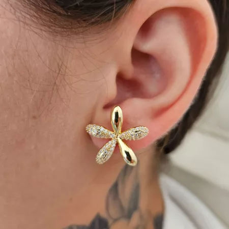 Brinco Com Zircônia Orquídia Dourada - Chérie Bijoux