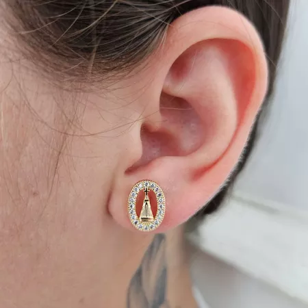 Brinco Com Zircônia Nossa Senhora Aparecida Dourad... - Chérie Bijoux
