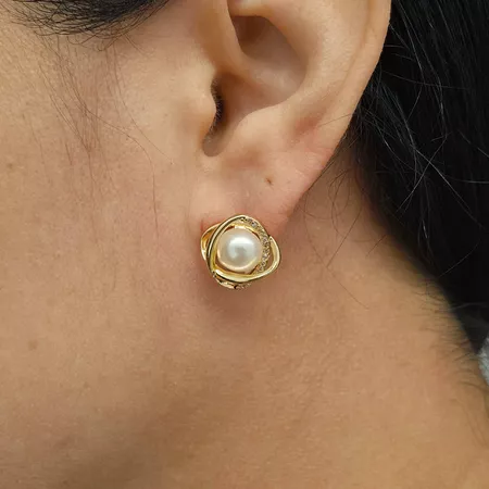 Brinco Com Zircônia Pérola Dourada - Chérie Bijoux