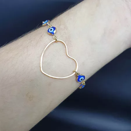 Pulseira Folheada Dourada Olho Grego e Coração - Chérie Bijoux