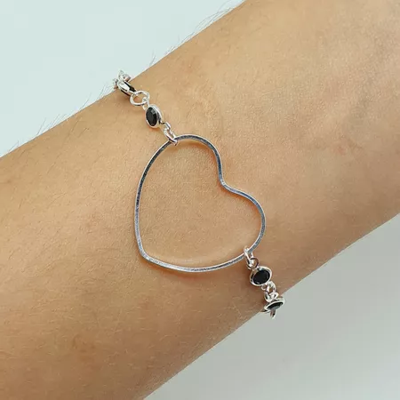 Pulseira Folheada a Prata Coração Preto - Chérie Bijoux