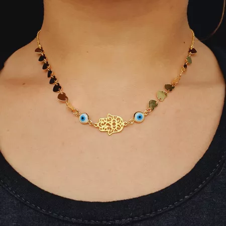 Colar Folheado a Ouro Hamsá e Olho Grego - Chérie Bijoux