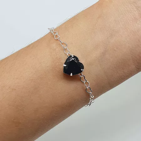 Pulseira Folheada a Prata 925 Coração Preto - Chérie Bijoux