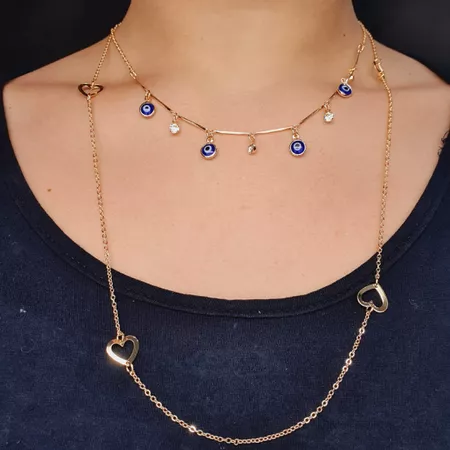 Colar Duplo Folheado a Ouro 18K Olho Grego e Coraç... - Chérie Bijoux
