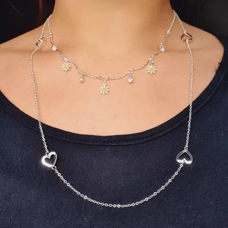 Colar Duplo Folheado a Prata 925 Margaridas e Cora... - Chérie Bijoux