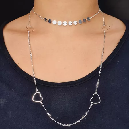 Colar Duplo Folheado a Prata 925 Coração e Disco - Chérie Bijoux
