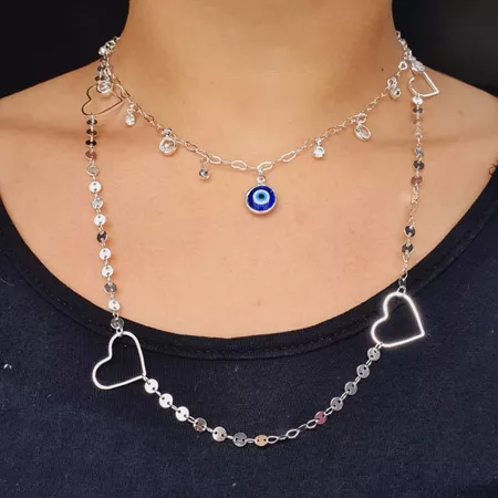 Colar Duplo Folheado a Prata 925 Coração e Olho Gr... - Chérie Bijoux