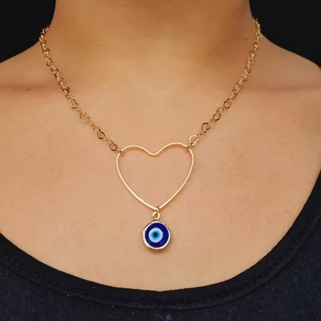 Colar Folheado a Ouro 18K Coração e Olho Grego - Chérie Bijoux