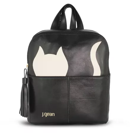 Mochila Feminina Gatinho de Couro Legítimo cor Pre... - J.Gean