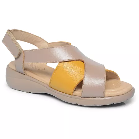 SANDÁLIA EM COURO FEMININA SOFT NUDE/ VEST MOSTARD... - Loja Mironneli | Especialista em Calçados Confortáveis