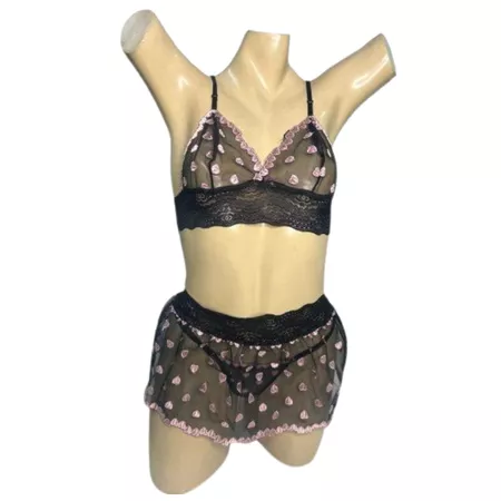 Conjunto Coração Com Sainha (ID1118)- - Preto c/ Rosa