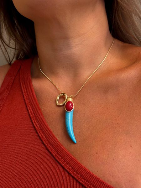 COLAR LONGO PINGENTE DENTE TURQUESA E CHAPA ORGÂNICA BANHADO A OURO - Dri Ferreira Semi Joias