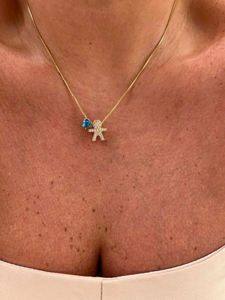 COLAR COM PINGENTE FILHO E CORAÇÃO AZUL BANHADO A OURO - Dri Ferreira Semi Joias
