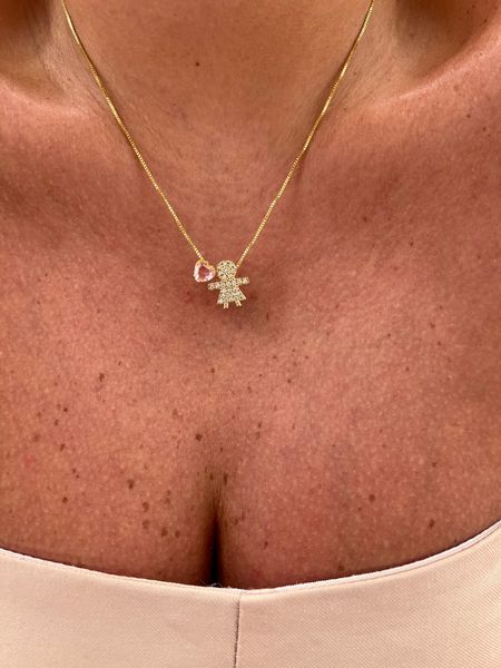 COLAR COM PINGENTE FILHA E CORAÇÃO ROSA BANHADO A OURO