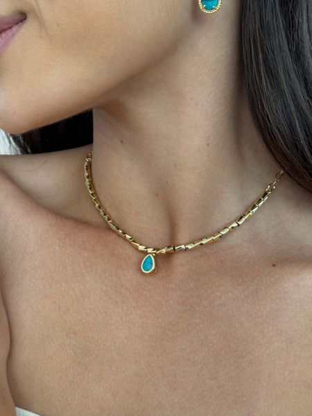 CHOKER CANUTILHOS E PINGENTE GOTINHA TURQUESA BANHADO A OURO
