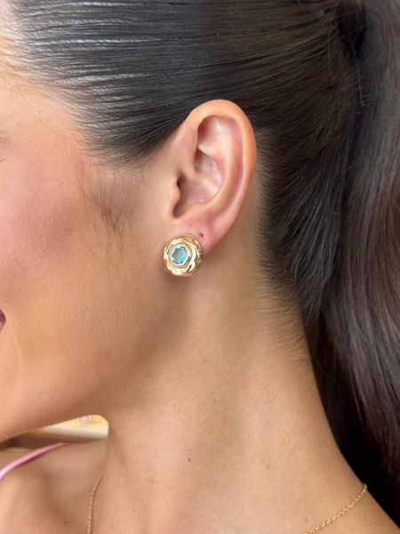 BRINCO BOTÃO ACQUA MARINE BANHADO A OURO - Dri Ferreira Semi Joias