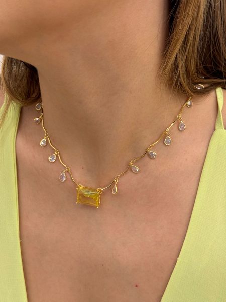 COLAR CRISTAIS E PINGENTE PEDRA AMARELA BANHADO A OURO